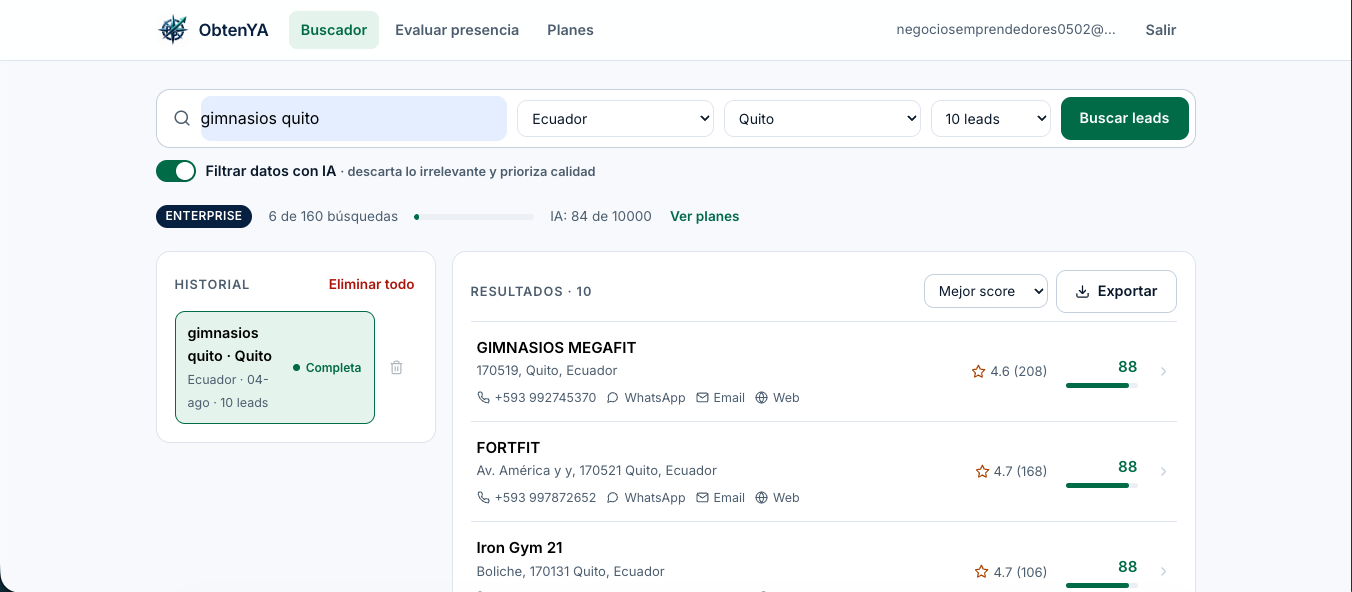 ObtenYA — resultados con puntaje IA