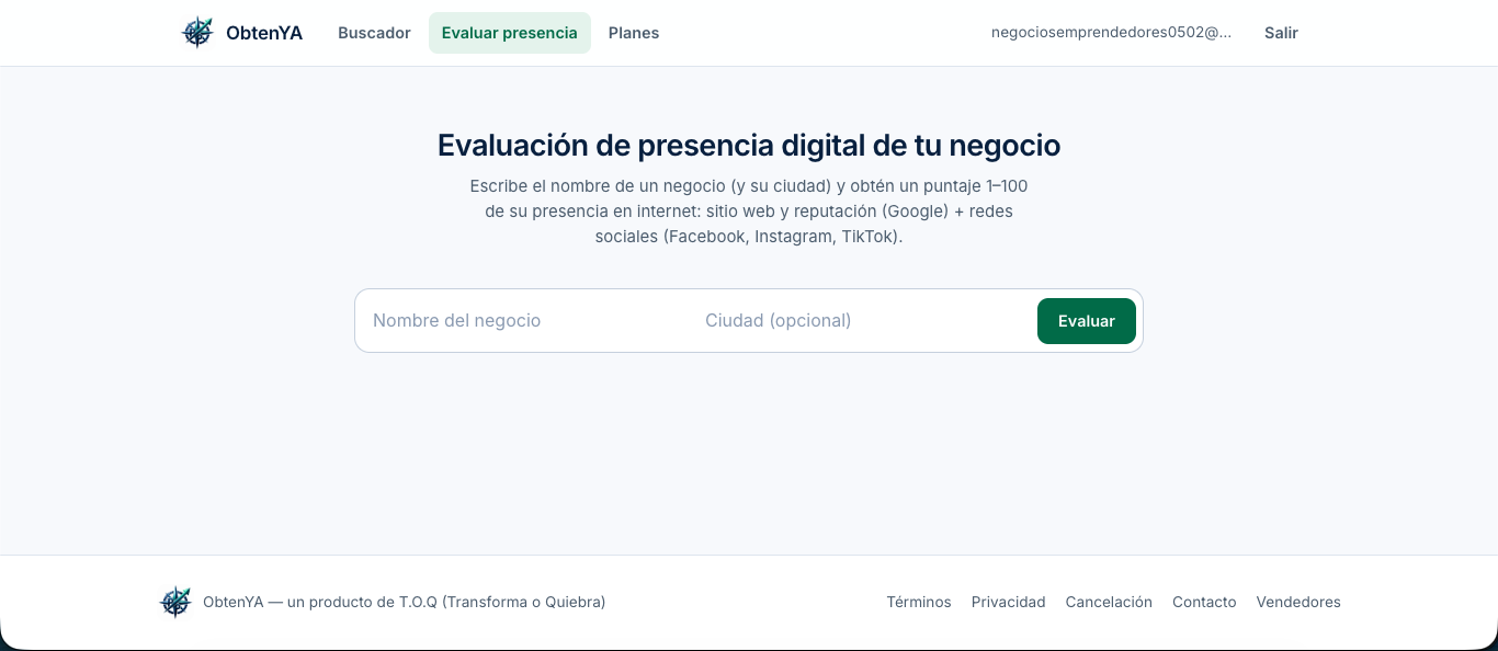 ObtenYA — evaluación de presencia digital